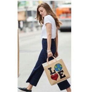 Brighton LEATHER Love Makes The Earth Go Round Jute CanvasTote Shopping Bag Eco